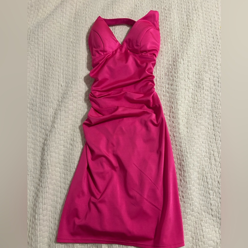 Formal or informal B Darlin Vibrant Pink Backless Dress with ties of satin